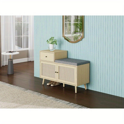 Schoenenbank – Schoenenkast – Halbank – Schoenopberger – Opbergmeubel – Rattan Geweven Deuren – Geïntegreerde Opberglade – Bekleed Zitoppervlak – Metaal Met Houtlook – 90x35x65 cm