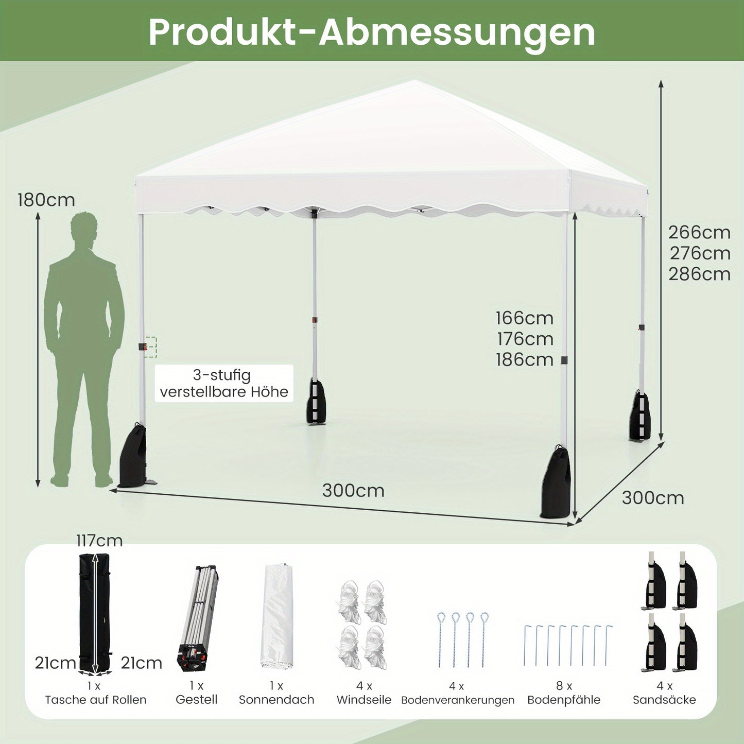 Partytent – Tuinentent – Paviljoen – Vouwtent – Easy Up – 3x3 m – Waterafstotend Oxford Stof – Verstelbare Hoogte met Stevig Metalen Frame en Wieltjes