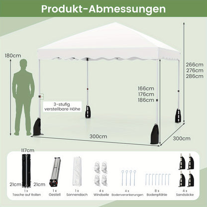 Partytent – Tuinentent – Paviljoen – Vouwtent – Easy Up – 3x3 m – Waterafstotend Oxford Stof – Verstelbare Hoogte met Stevig Metalen Frame en Wieltjes