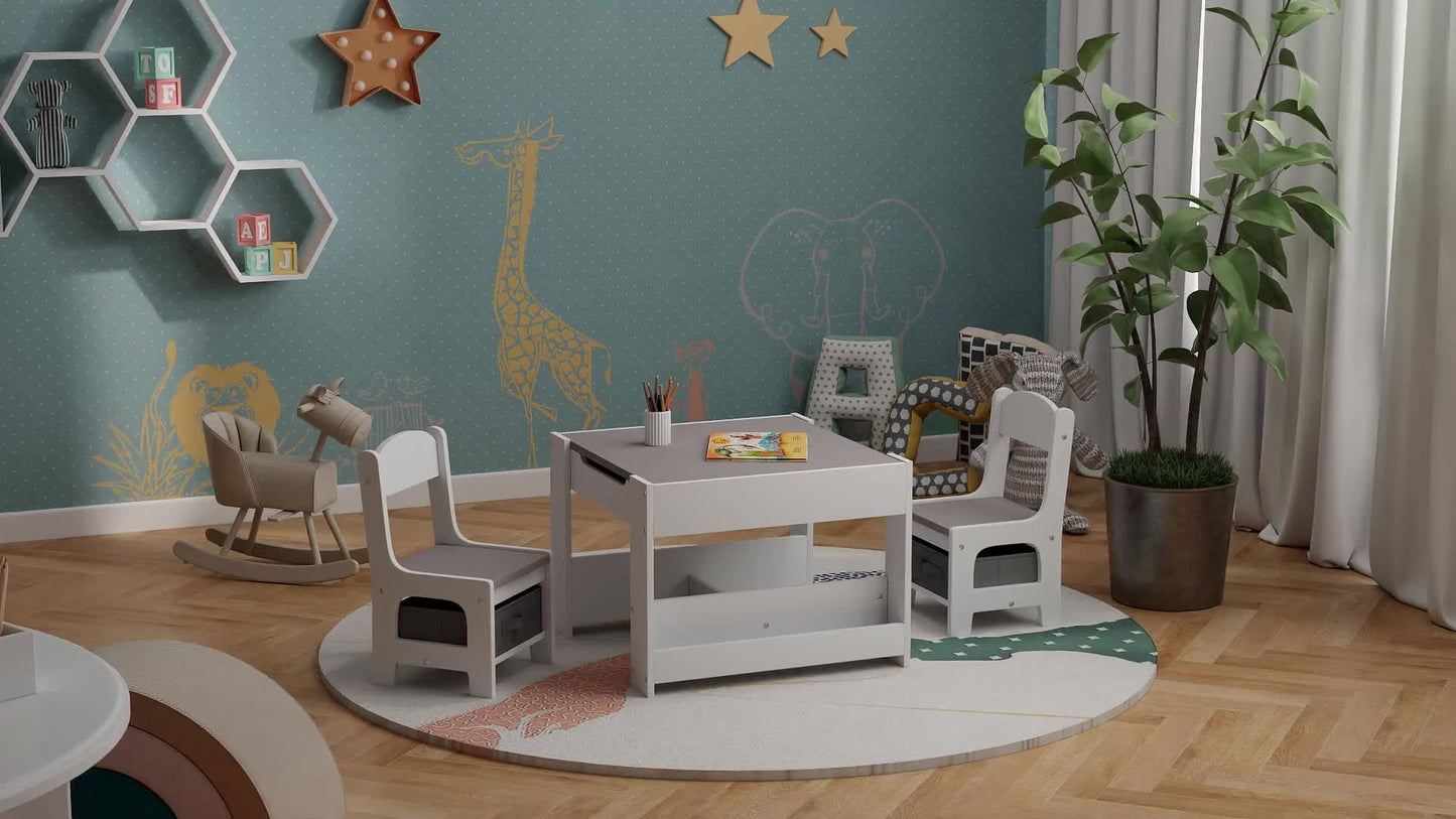 Kinderbureau Set – Kindertafel – Kindertafel Met Stoelen – Speeltafel – Tafel Met Opbergruimte – Omkeerbaar Tafelblad – Eenvoudig Schoon Te Maken – Grijs