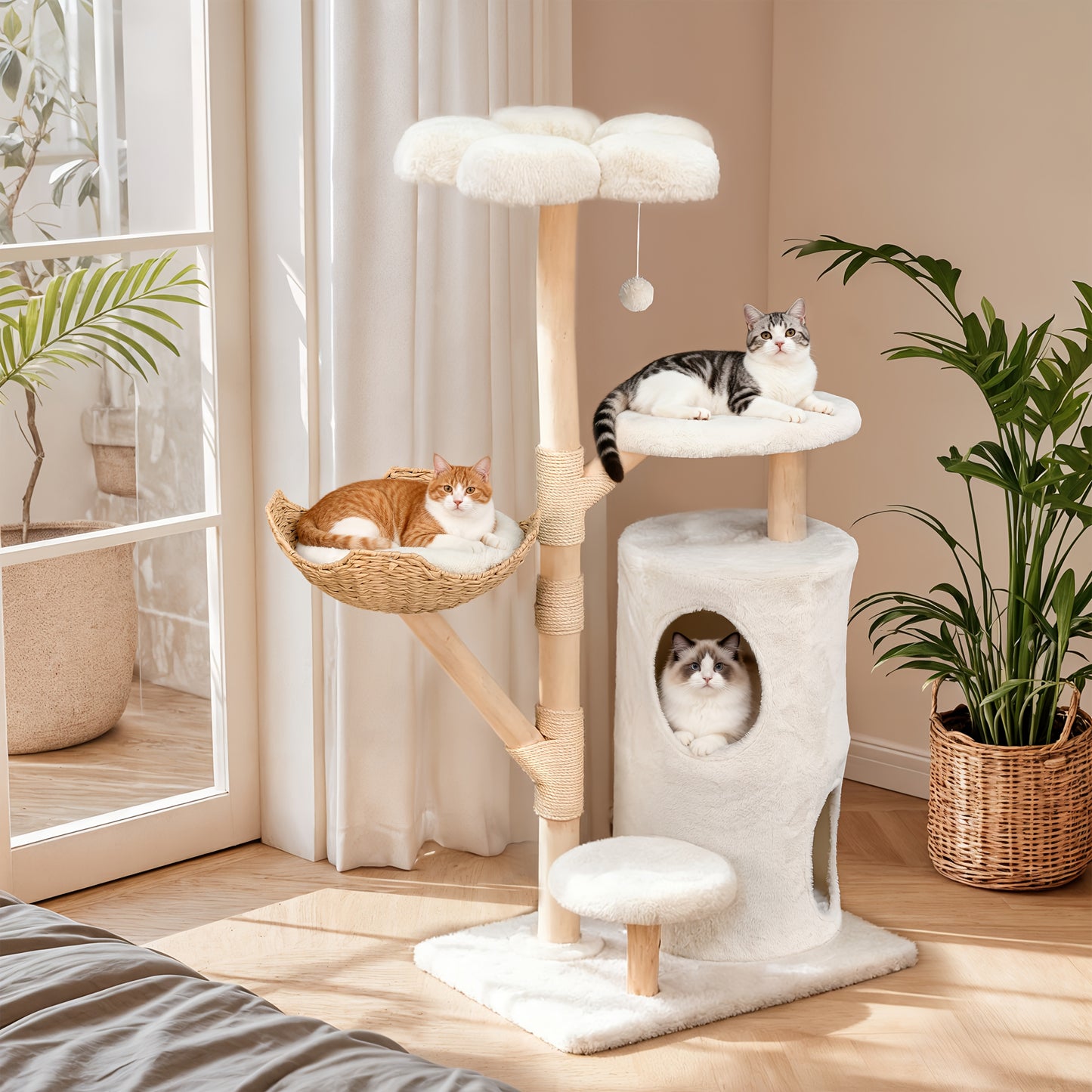 Kattenkrabpaal – Krabmeubel – Kattenboom – Krabtoren – Kattenhuis – 142 cm Hoog – Stevig Hout En Soft-Touch Textiel