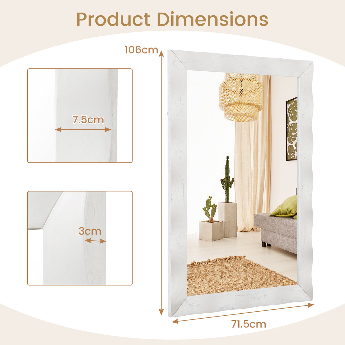 Wandspiegel – Muurspiegel – Grote Spiegel – Rechthoekige Spiegel – Decoratieve Spiegel – Rubberhouten Frame – 106 x 71,5 cm – Natuurlijk Design