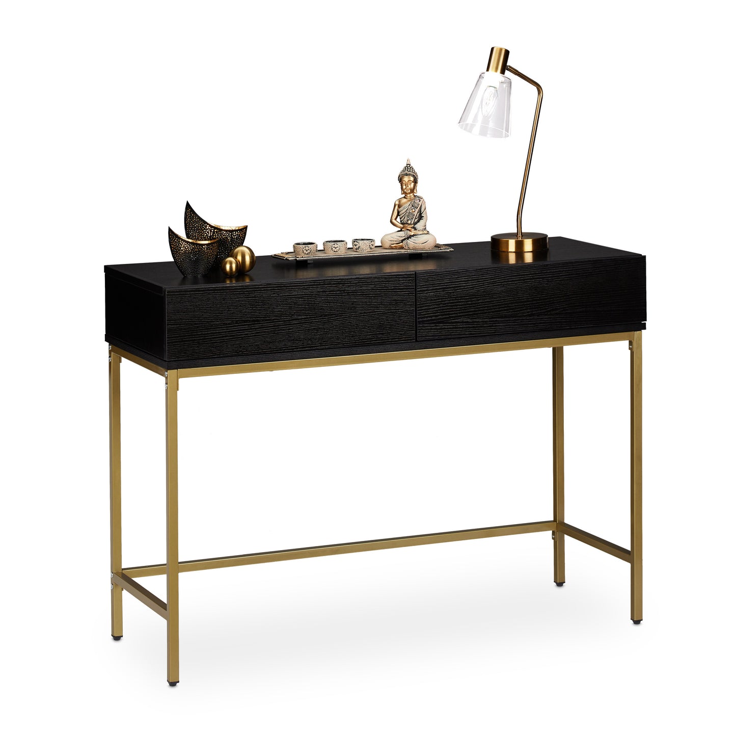 Sidetafel – Bijzettafel – Wandtafel – Haltafel – Consoletafel – Gouden Metalen Frame – Zwart Houten Blad – 2 Lades – Compact 80x110x40 cm