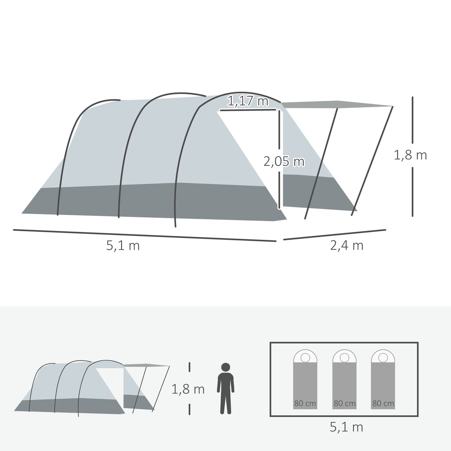 Campingtent – Kampeertent – Familietent – Tunneltent – Pop-up Tent – Ruim Voor 6-8 Personen – Lichtgewicht Polyester Met Glasvezel Stokken