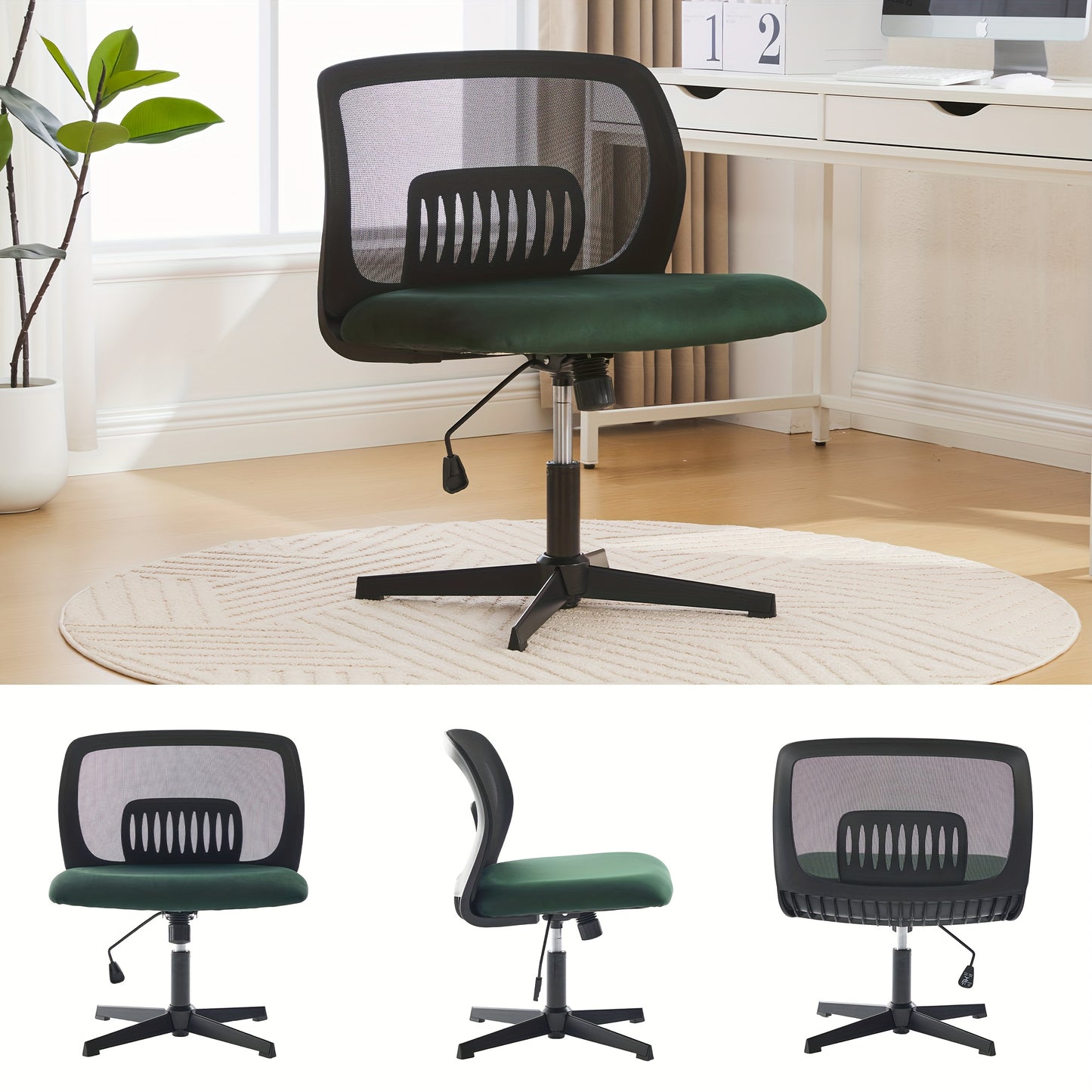 Armless Office Chair with Rocking Function & Height Adjustment - 360° Swivel, Ergonomic Cross-Legged Design, Lightweight Durable Plastic Frame, Manual Recline Handle - Spacious Reading/Living Room Chair for Home Office, 5 Co