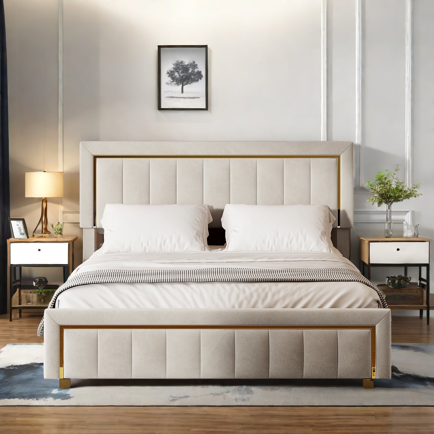 Tweepersoonsbed – Bed – Opbergbed – Slaapbank – Logeerbed – Velvet Bekleding – Hydraulisch Hefmechanisme – 160x200 cm – Met Opbergruimte – Gouden Accenten