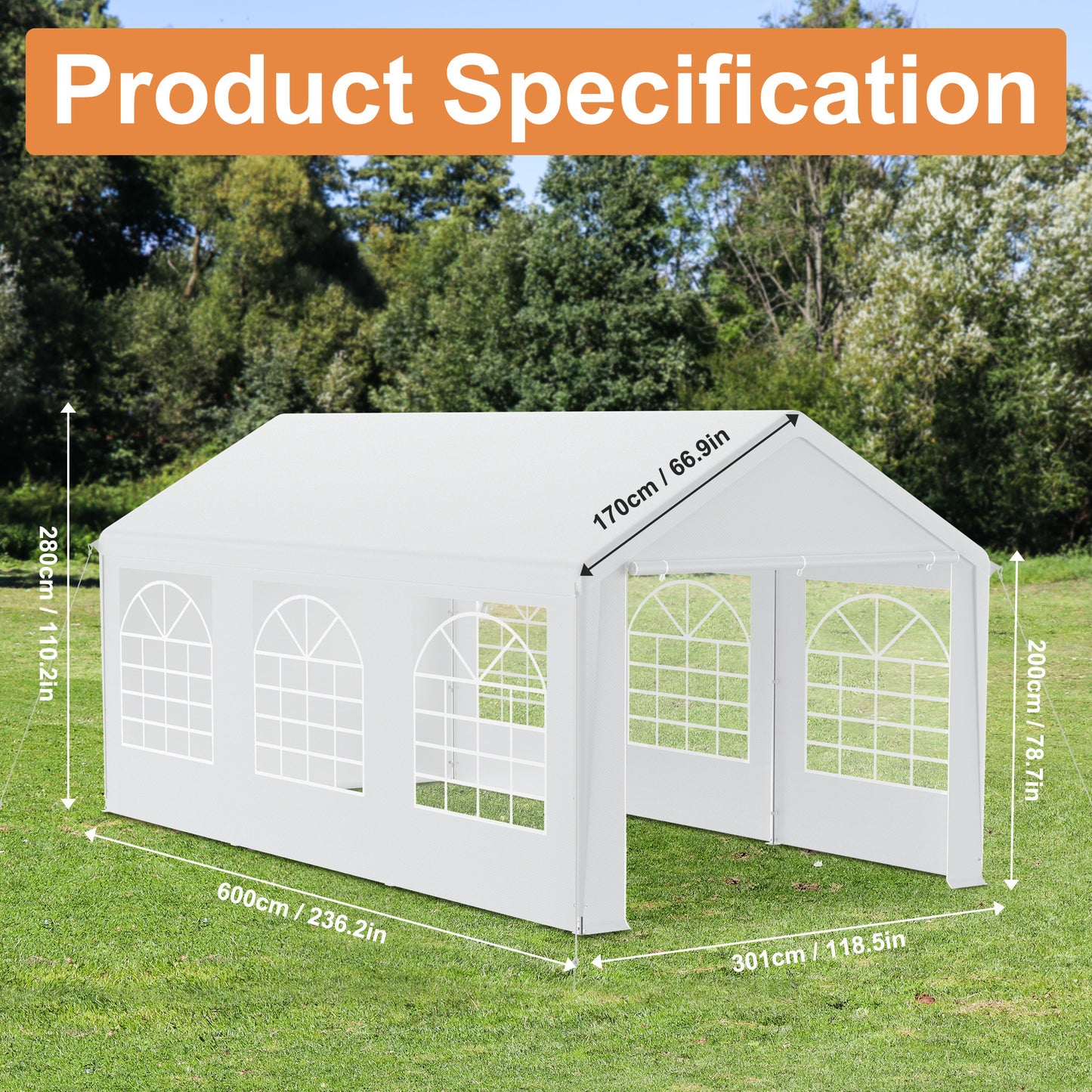 Partytent – Feesttent – Tuintent – Paviljoen – Vouwtent – 3x6m – Waterdicht Polyester – Inclusief Zijpanelen en Ramen - Wit