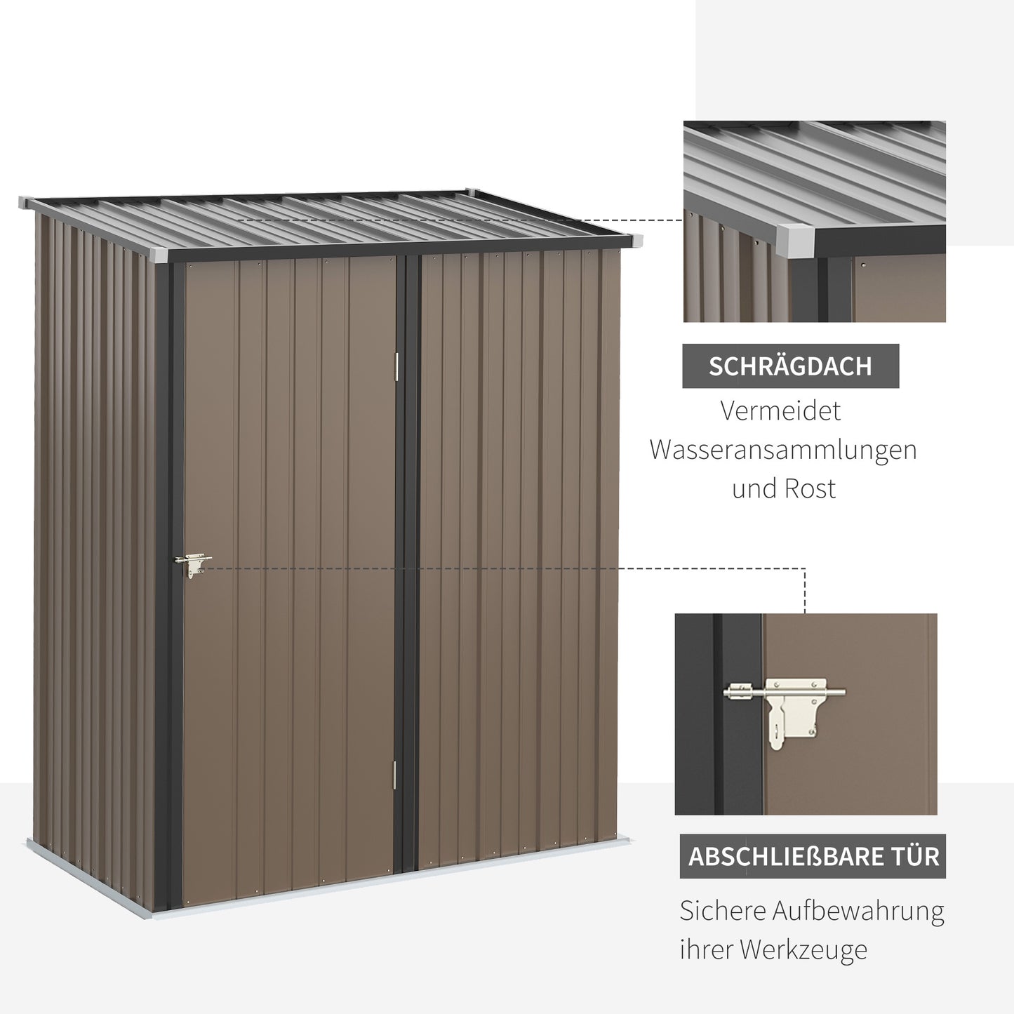Tuinhuis – Berging – Opslag – Tuinschuur – Gereedschapshuis – Gegalvaniseerd Staal – Vergrendelbare Deur – Schuin Dak – 1,34 m² – Bruin