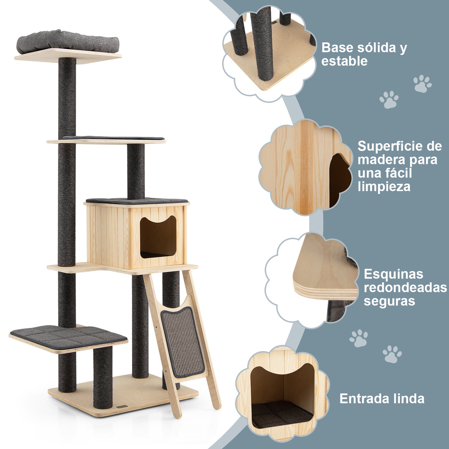 Krabpaal – Kattenboom – Krabmeubel – Kattentoren – Kattenhuis – Volledig Sisal – Pluche Mand – Ruime Condo – Modern Design