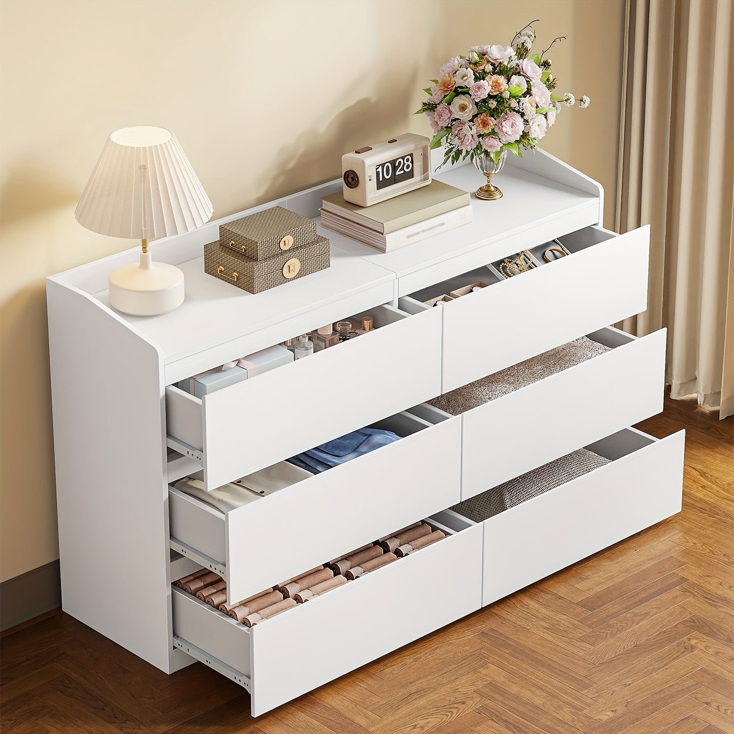 6-Ladenkast – Ladekast – Opbergkast – Dressoir – Kommode – Modern Wit – Hardhouten & Spaanplaat – 40x138x84 cm – 3,2 Kubieke Voet Inhoud
