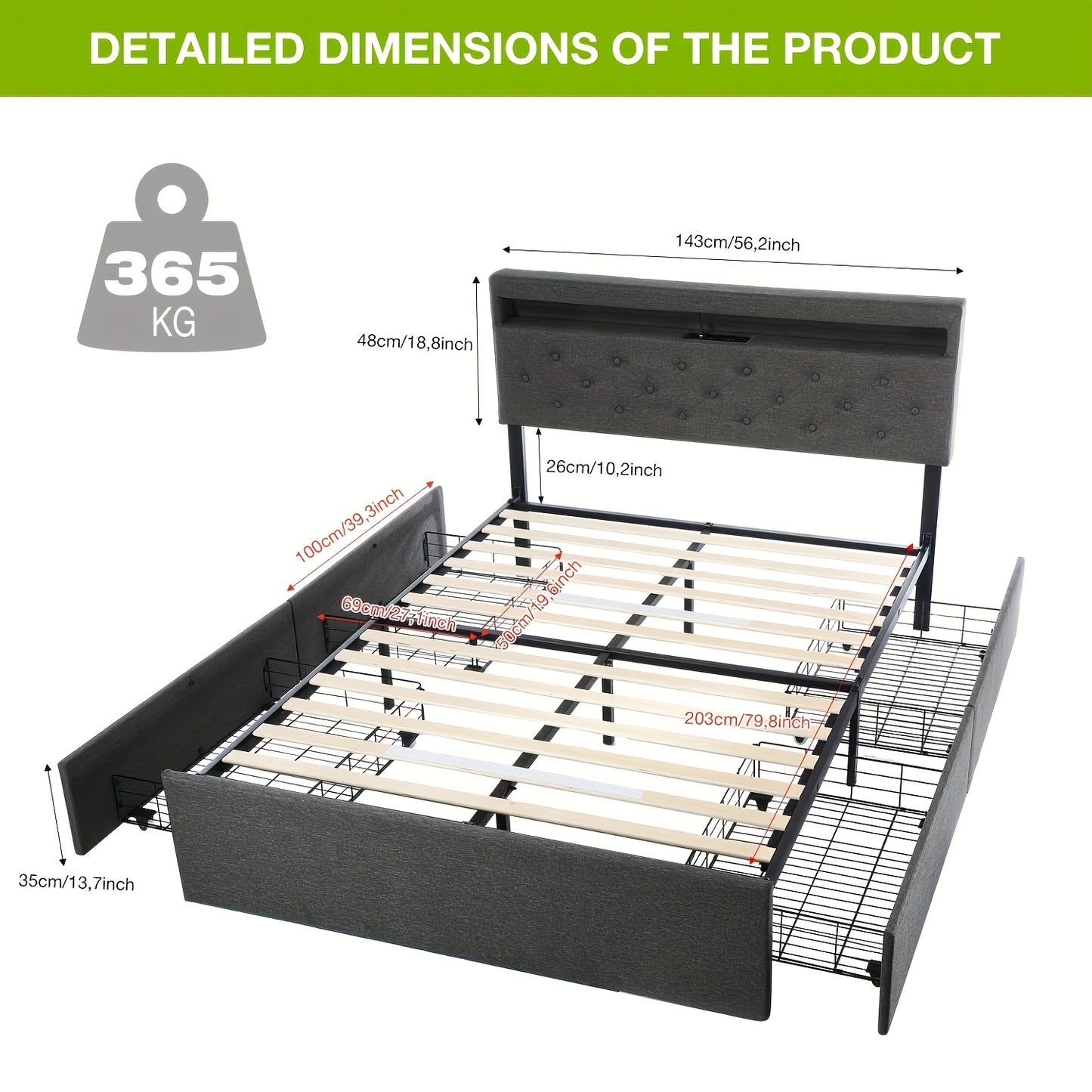 Tweepersoonsbed – Bedframe – Slaapbed – Opbergbed – Led Bed – 140x200 cm – Gestoffeerd Hoofdeinde – 4 Lade Opbergruimte
