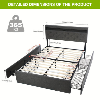 Tweepersoonsbed – Bedframe – Slaapbed – Opbergbed – Led Bed – 140x200 cm – Gestoffeerd Hoofdeinde – 4 Lade Opbergruimte