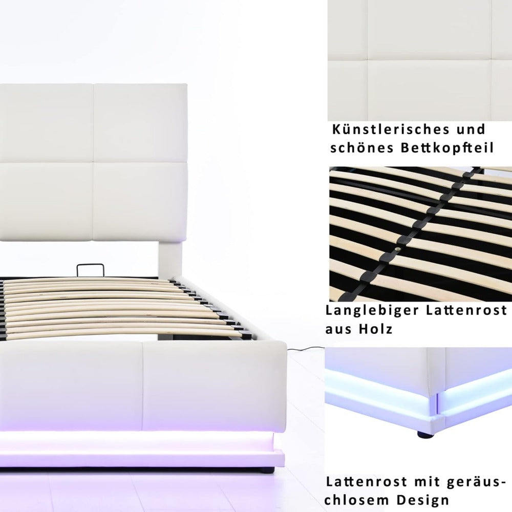 Boxspring Bed – Tweepersoonsbed – Opbergbed – LED Bed – Kunstleer Bed – 140x200 cm – Hydraulisch Opzetmechanisme – 16 Kleuren LED-verlichting
