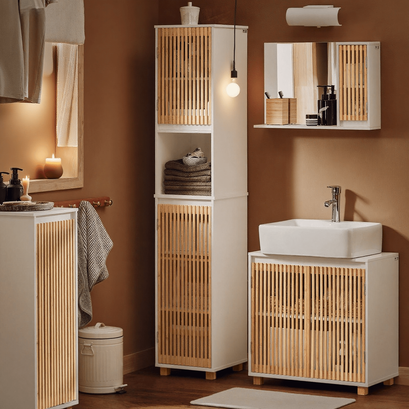 Badkamerkast – Kolomkast – Opbergkast – Hoge Kast – Badmeubel – 33x33x165 cm – MDF & Bamboe – Vochtbestendig & Anti-Kantelbeveiliging