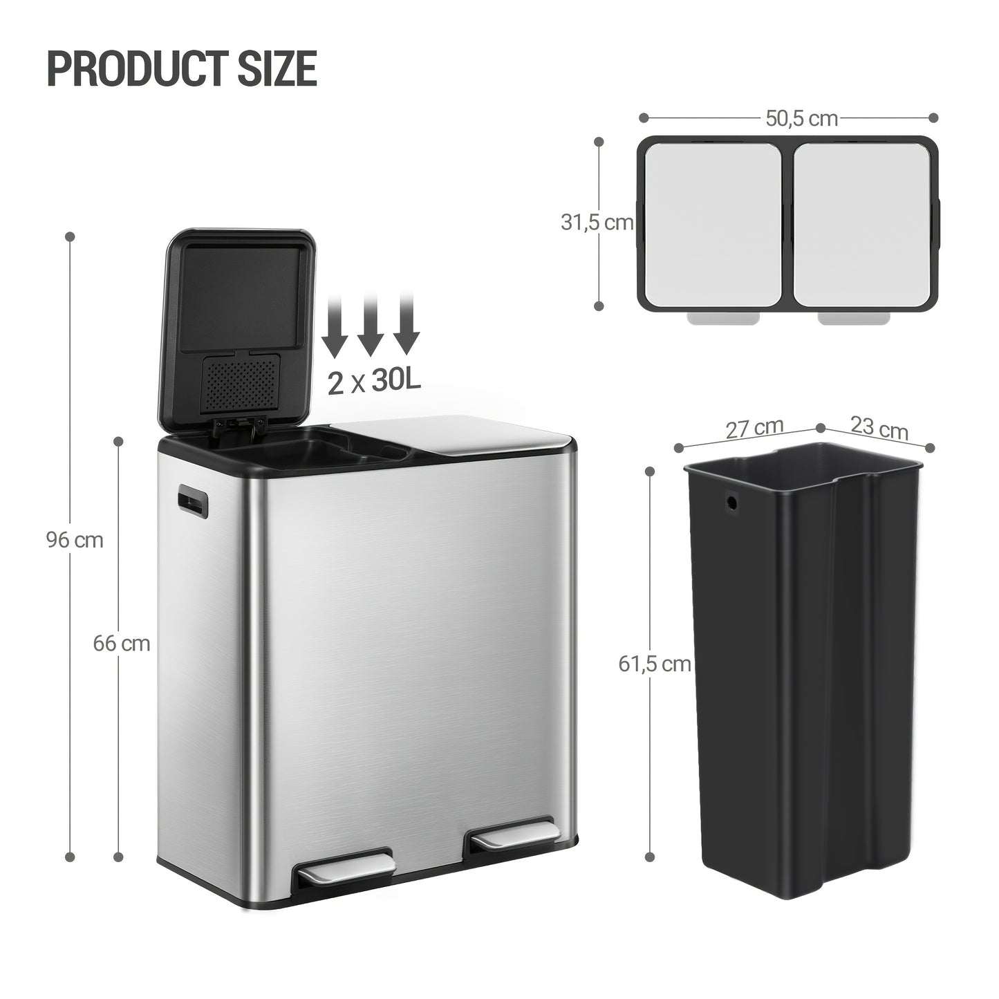 Prullenbak – Afvalbak – Vuilnisbak – Afvalemmer – Pedaalemmer – RVS en Kunststof – 60 Liter Dubbele Compartimenten – Softclose en Pedaalbediening