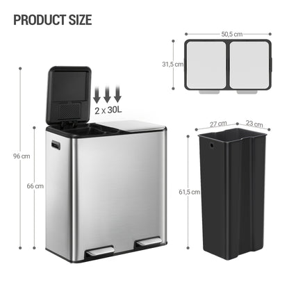 Prullenbak – Afvalbak – Vuilnisbak – Afvalemmer – Pedaalemmer – RVS en Kunststof – 60 Liter Dubbele Compartimenten – Softclose en Pedaalbediening