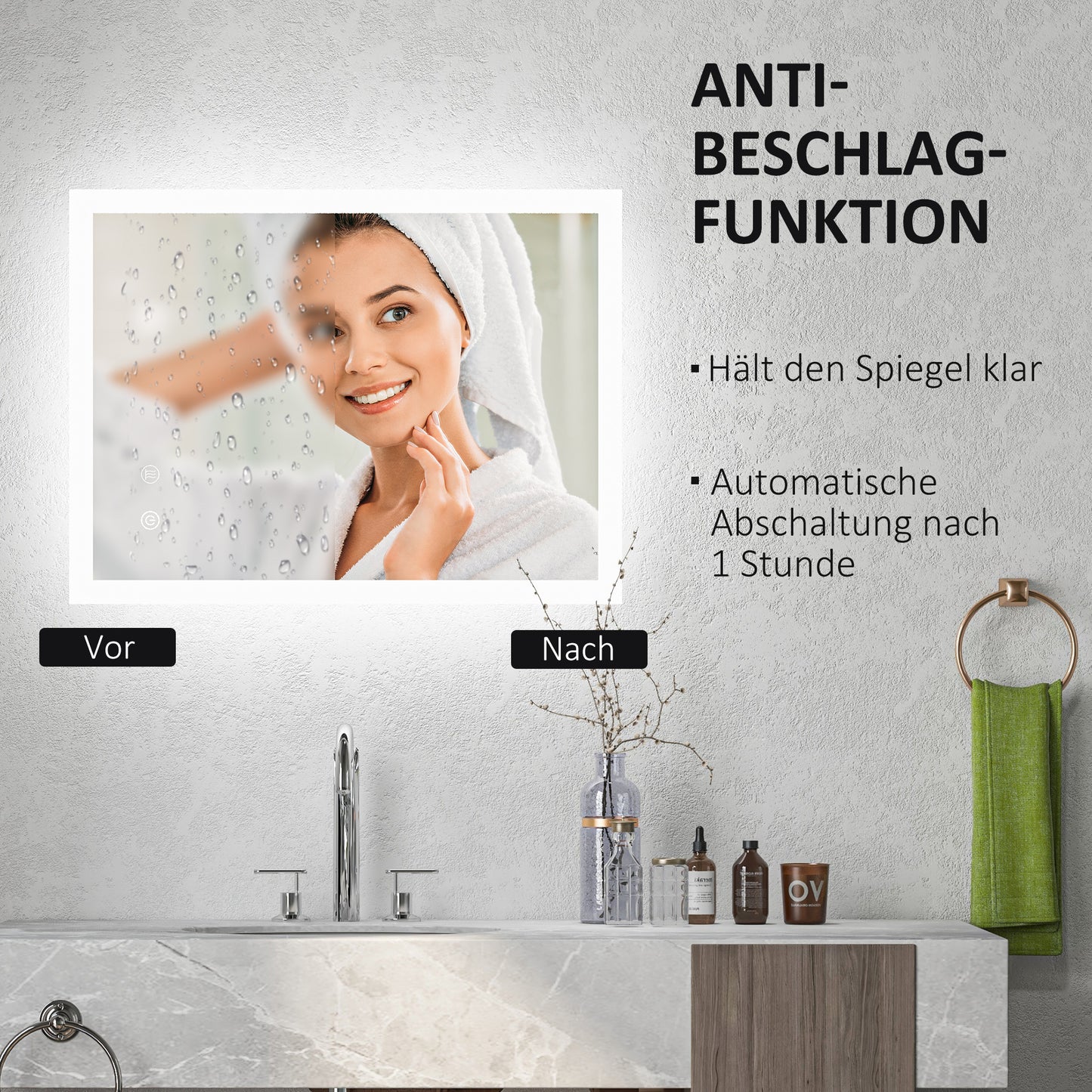 LED Badkamerspiegel – Spiegel, Verlichte Spiegel, Make-up Spiegel, Badkamer Spiegel – Wit Zilver – 80 x 60 cm – Touch Bedieningspaneel – Anti-condensfunctie