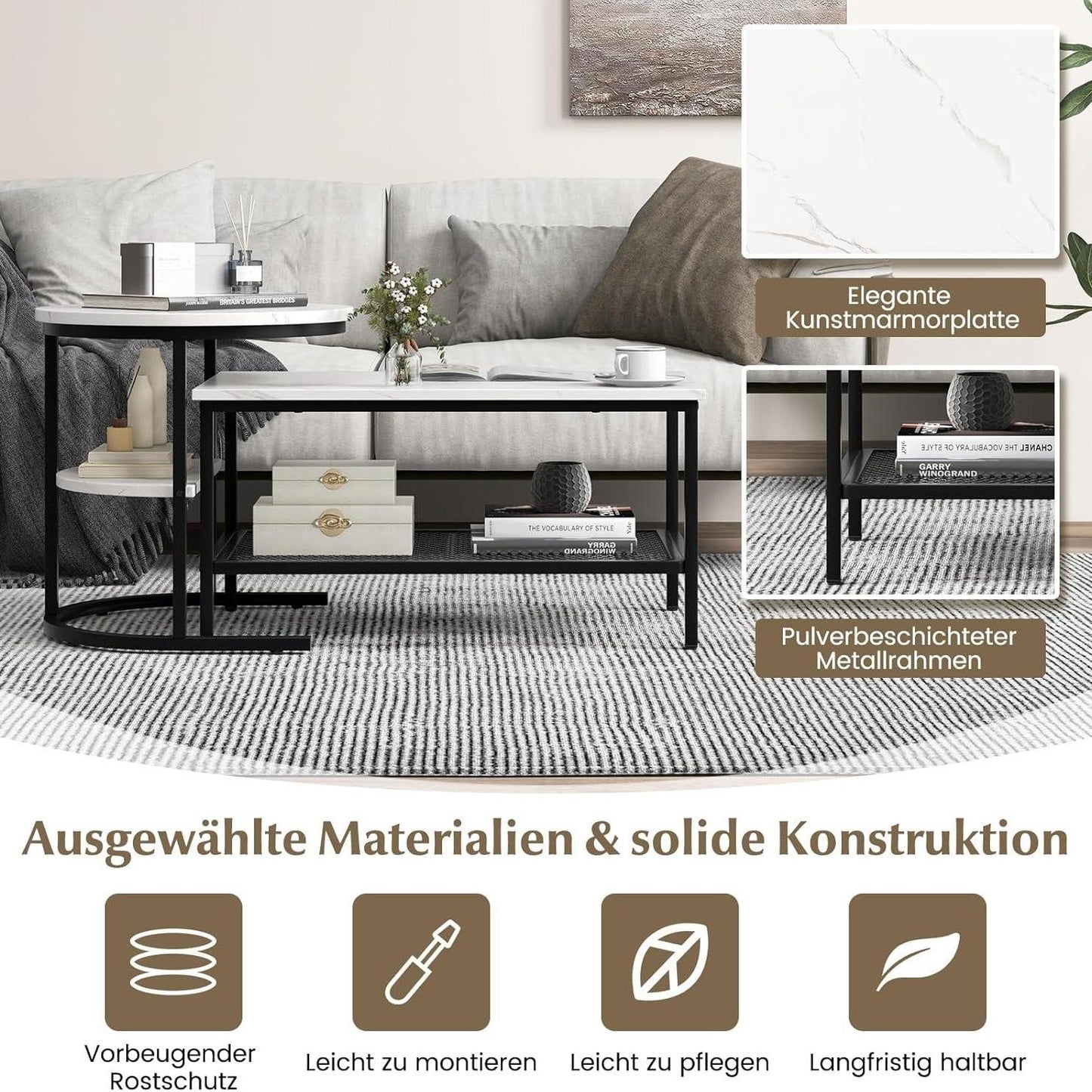 Salontafel – Bijzettafel – Woonkamertafel – Sofa Tafel – 2-Delige Set – Marmerlook Tafelbladen – Stevig Metalen Frame
