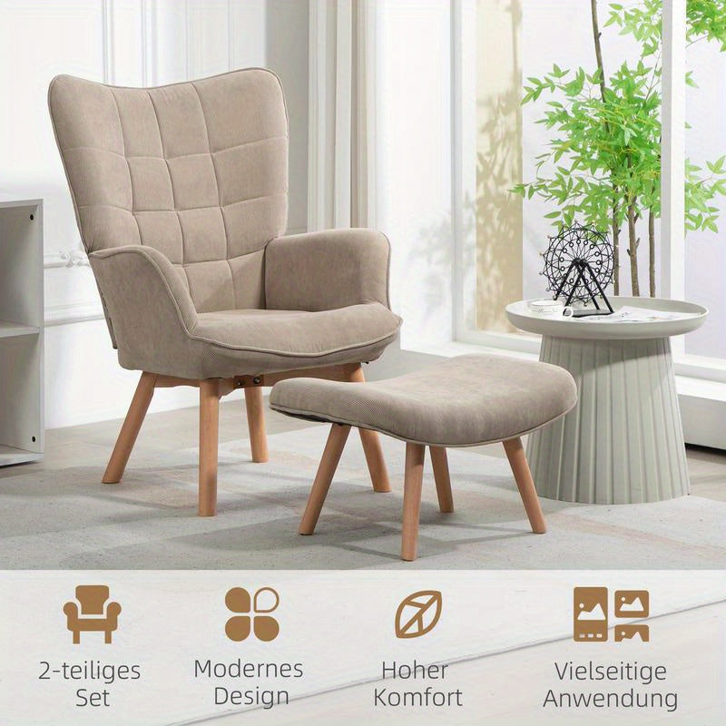 Modern Accent Chair with Ottoman - Ergonomic High-Density Foam Cushion & Hardwood Legs, Multifunctional Lounge Chair with Removable Ottoman, Easy Assembly, Beige/Neutral Tones for Living Room, Bedroom, Hallway - Durable Plast