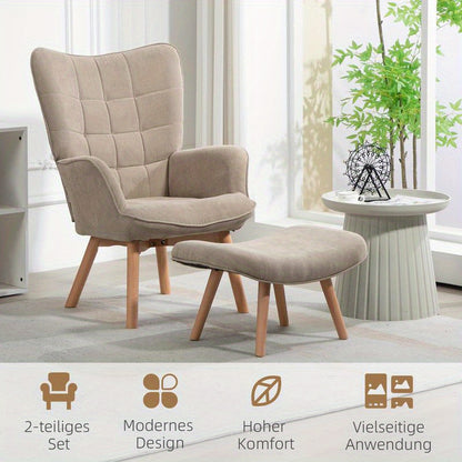 Modern Accent Chair with Ottoman - Ergonomic High-Density Foam Cushion & Hardwood Legs, Multifunctional Lounge Chair with Removable Ottoman, Easy Assembly, Beige/Neutral Tones for Living Room, Bedroom, Hallway - Durable Plast