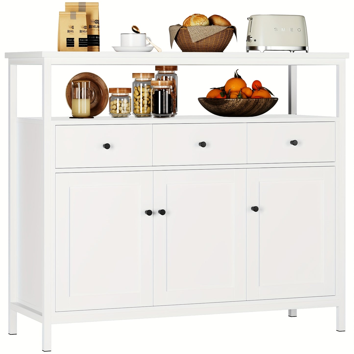 Witte Kast – Dressoir – Opbergkast – Sideboard – Buffetkast – Massief Hout – Verstelbare Planken – 3.2+ Kubieke Voet Capaciteit