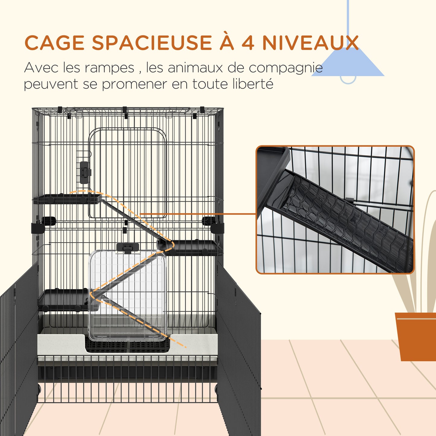 Kooi Kleine Huisdieren – Dierenkooi – Rattenkooi – Knaagdierkooi – Konijnenkooi – Drie Verdiepingen Met Ramps – Uitneembare Metalen Onderplaat – Zwart – 182x81x114 cm – Stevig Metaal