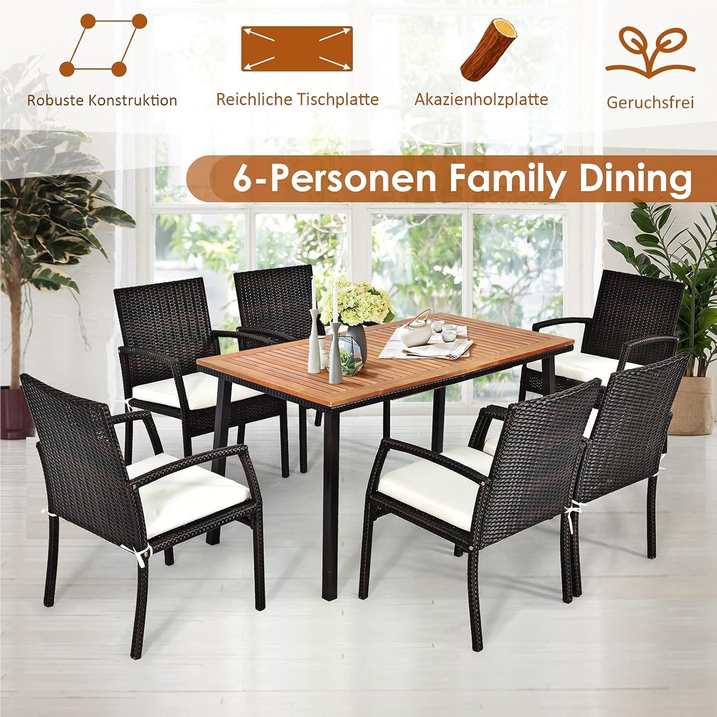 Tuintafel – Terrastafel – Buiten tafel – Eettafel – Houtentafel – Acaciahouten Blad – Met Parasolgat – 140x75x76 cm – Voor 6-8 Personen