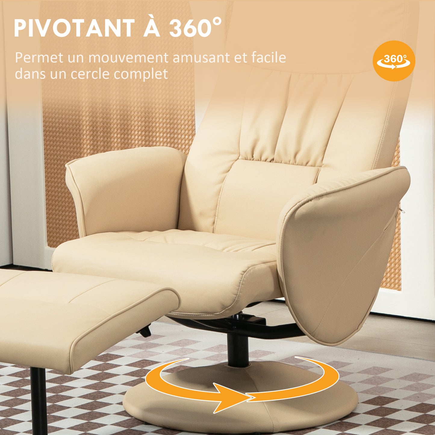 Relaxstoel – Relaxfauteuil – Draaifauteuil – Loungestoel – Fauteuil – 360° Draaibaar – Verstelbare Rugleuning Tot 145° – Beige Synthetisch Metalen Frame