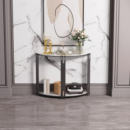 Sidetable – Haltafel – Sofa Tafel – Bijzettafel – Accenttafel – Halfrond Design – Gelaagd Met Sintersteen – 100x30x78 cm – Modern Minimalistisch – Zwart Metaal Frame