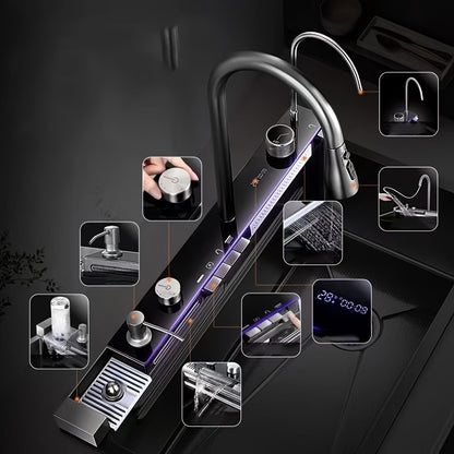 RVS Waterfall Spoelbak – Keukenspoelbak – Enkele Bak – Onderbouw Spoelbak – Camper Spoelbak – Gunmetal Grijs – Uittrekbare Kraan – Complete Accessoireset