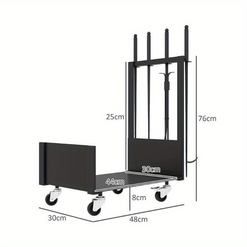 Firewood Rack – Houtopslag Rek – Houtstapelrek – Houthouder – Buitenhaard Accessoire – Metaal Zwart – Met Wielen en Zijhaken