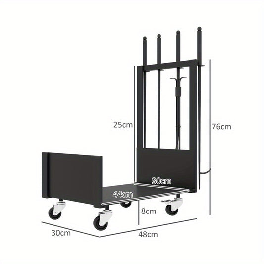 Firewood Rack – Houtopslag Rek – Houtstapelrek – Houthouder – Buitenhaard Accessoire – Metaal Zwart – Met Wielen en Zijhaken