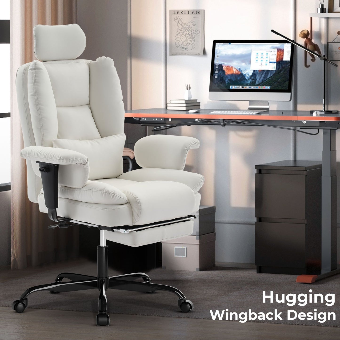 Bureaustoel – Ergonomische Stoel – Kantoorstoel – Draaistoel – Verstelbare Bureaustoel – Memory Foam Kussen – Stevig Metalen Frame – Wit
