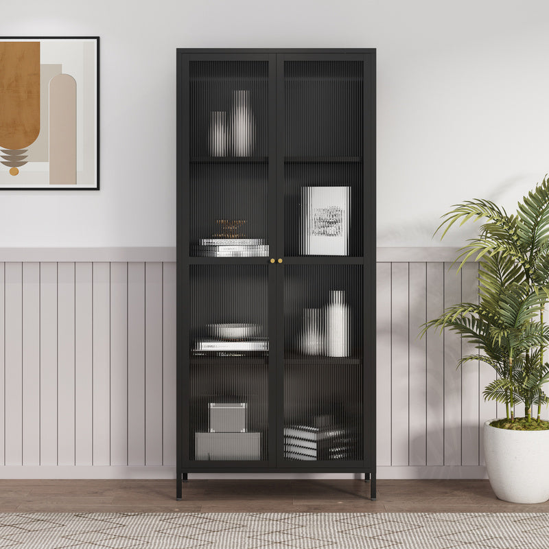 Vitrinekast – Vitrinekasten – Opbergkast – Displaykast – Glasdeurkast – Zwart – Staal – 180x80x35 cm – 4 Legplanken – Geribd Glas