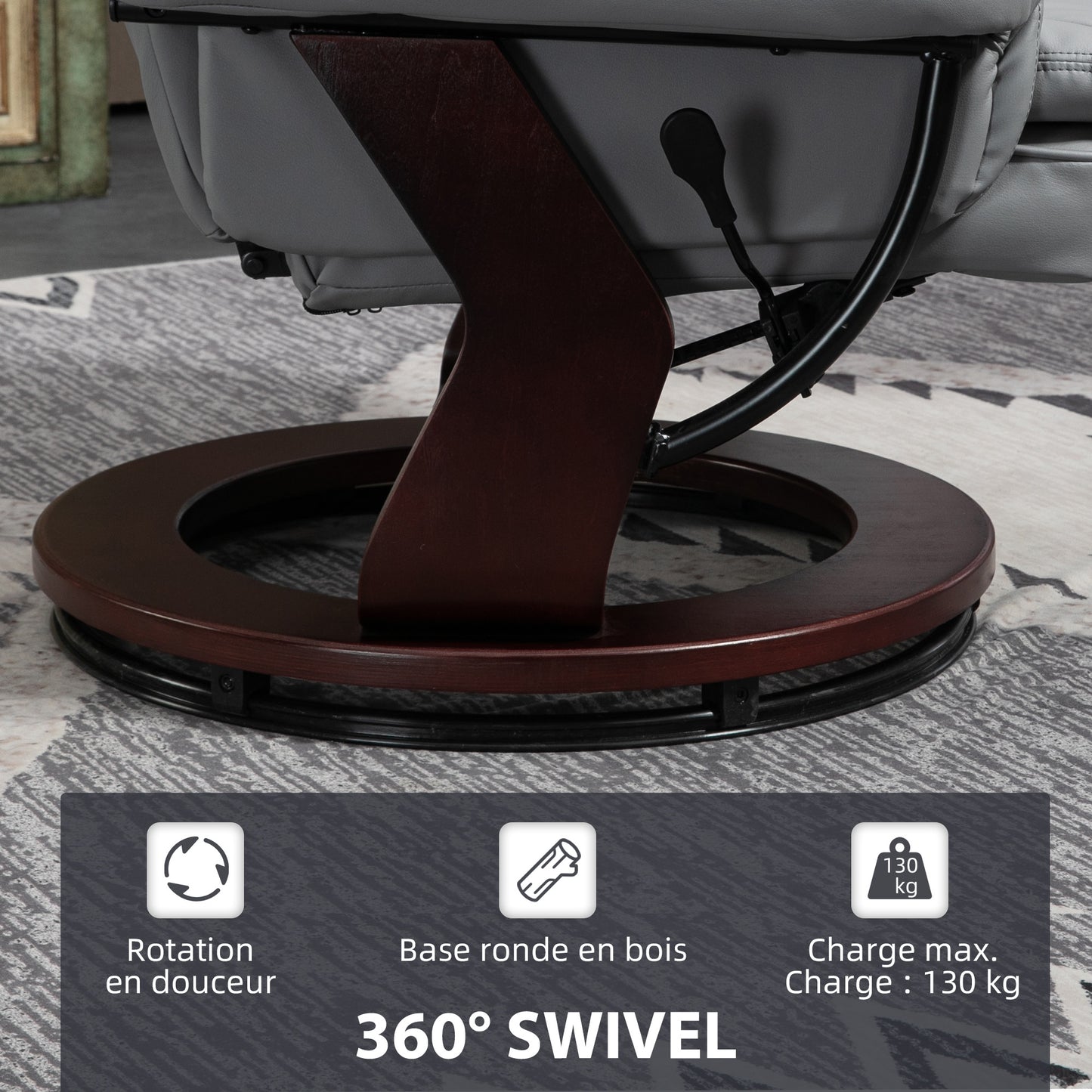Relaxfauteuil – Relaxstoel – Loungestoel – Zitfauteuil – Fauteuil Met Voetensteun – Grijs – Verstelbare Rugleuning Tot 135° – 360° Draaibaar Met Houten Onderstel