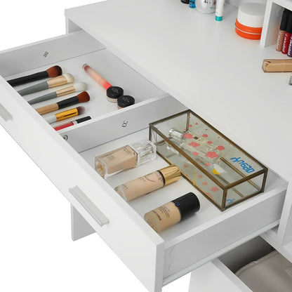 Bureau – Werkplek – Bureautafel – Computertafel – Meubel – Modern Design – 5 Lades & Spiegel – Glazen Blad 101x40x143 cm