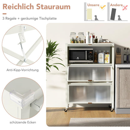 Keukenkastje – Keukenrek – Keukenonderkast – Opbergkast – Keukenmeubel – 4-laags Met Wieltjes – Metaal Met Transparante Klapdeuren – Verwijderbaar Achterpaneel – Wit