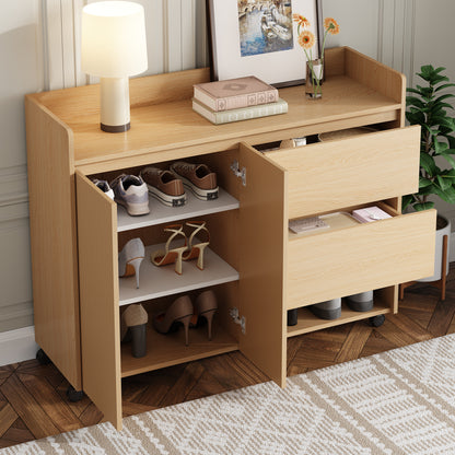 BTM Shoe Cabinet with Wood Look, Wheels, and Brake, Dresser with Adjustable Shelves, Drawers, and Open Compartments, Modern Hall Cabinet for Entryway or Living Room, 110×35×86 cm
