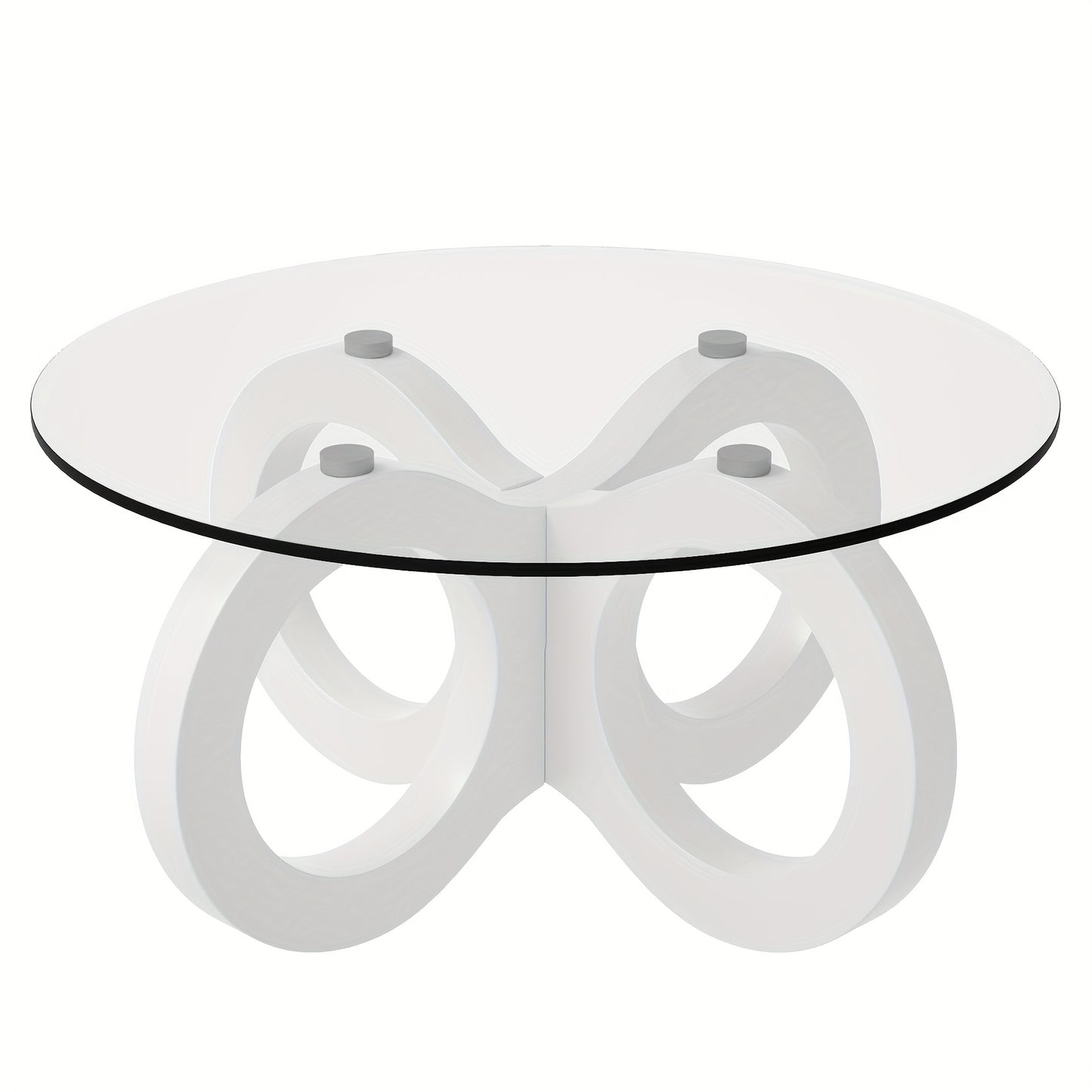 Koffietafel – Salontafel – Bijzettafel – Woonkamertafel – Rondetafel – Modern Design – Wit Glas – Ruimtebesparend – Sculpturale Oneindigheidsbasis – Diameter 80 cm – MDF & Metaal