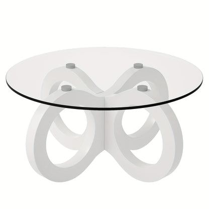 Koffietafel – Salontafel – Bijzettafel – Woonkamertafel – Rondetafel – Modern Design – Wit Glas – Ruimtebesparend – Sculpturale Oneindigheidsbasis – Diameter 80 cm – MDF & Metaal