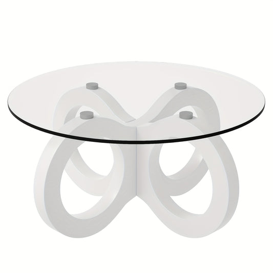 Koffietafel – Salontafel – Bijzettafel – Woonkamertafel – Rondetafel – Modern Design – Wit Glas – Ruimtebesparend – Sculpturale Oneindigheidsbasis – Diameter 80 cm – MDF & Metaal