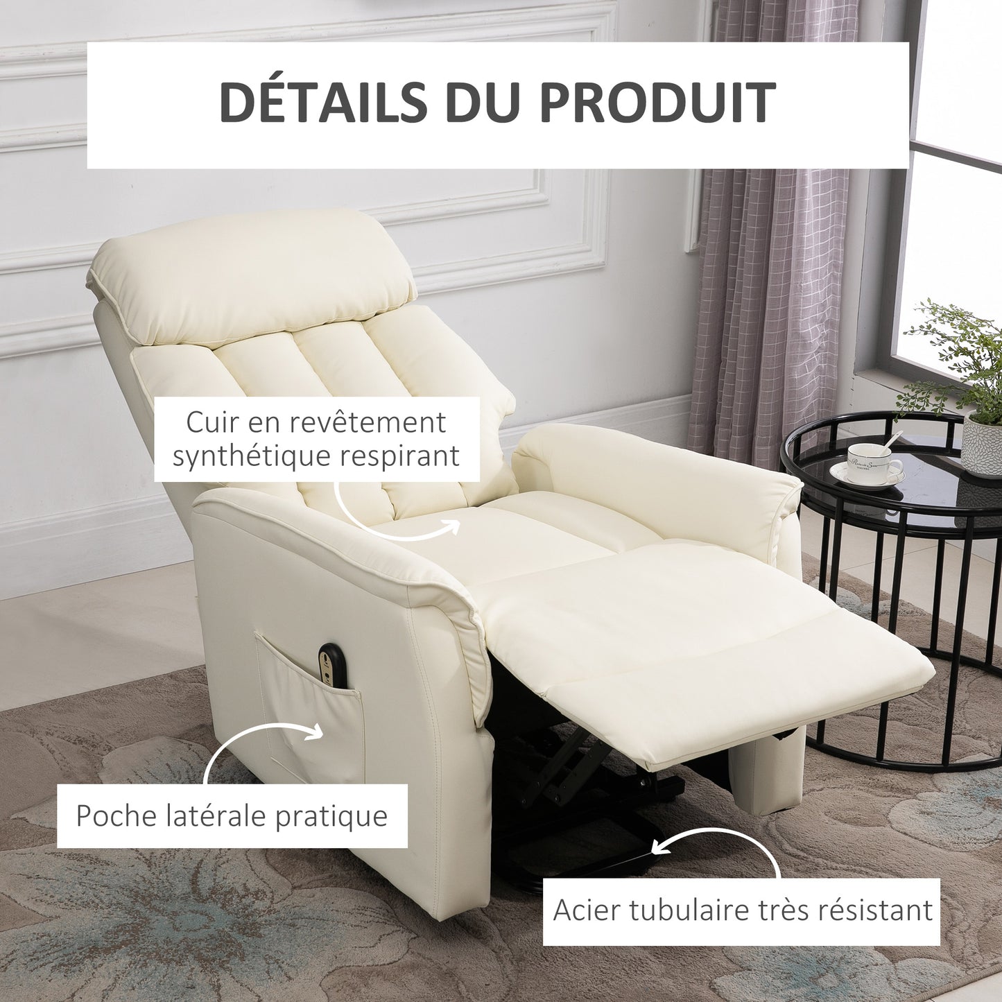 Elektrische Relaxstoel – Verstelbare Fauteuil – Power Lift Stoel – Tv Stoel – Relaxfauteuil – Met Afstandsbediening – Met Voetensteun – Max 150 kg – Crème Polyester