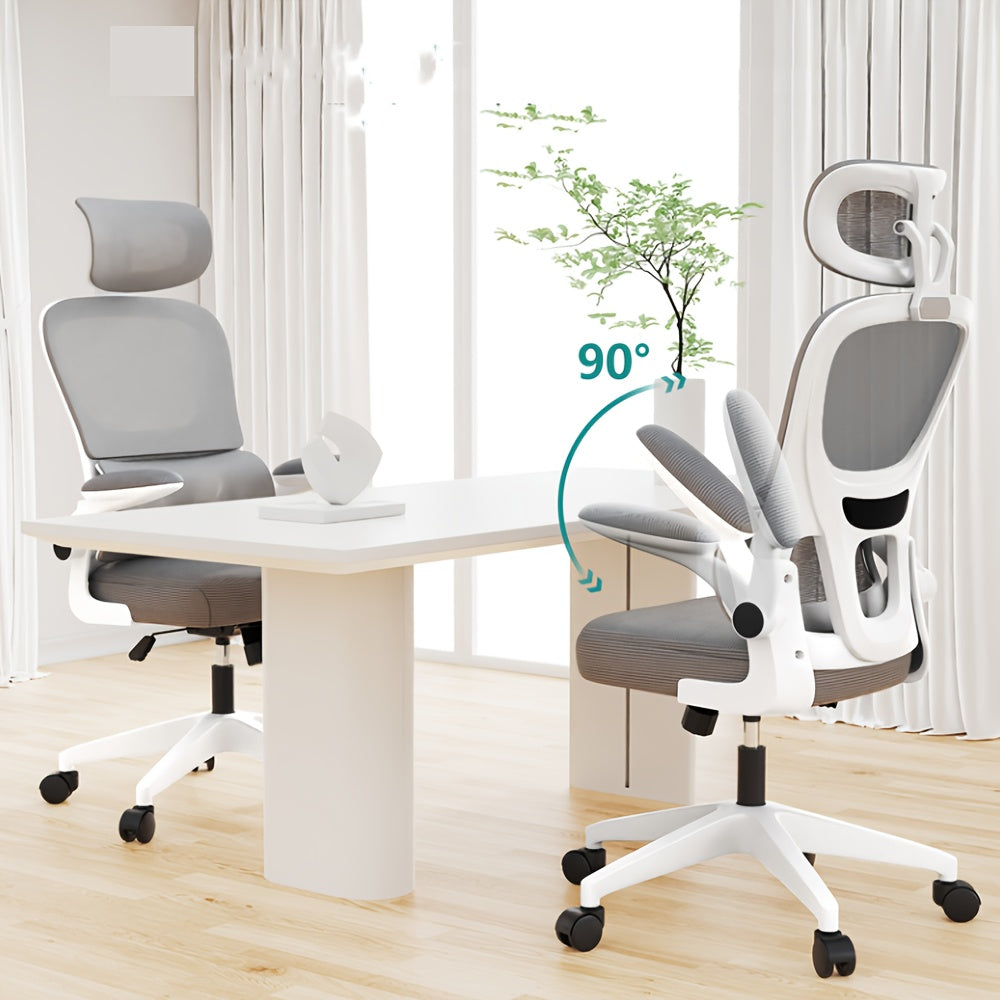 Ergonomische Bureaustoel – Bureaustoel Met Hoofdsteun – Werkstoel – Kantoorstoel – Stoel Voor Bureau – Ademend Mesh – Verstelbare Zithoogte & 360° Draaibaar – Grijs/Wit – Stevig Frame & Comfortabele Sponszitting