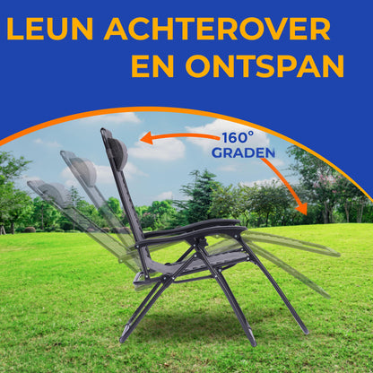 Loungestoel – Fauteuil – Relaxstoel – Tuinstoel – Zitzak – Set van 2 – Verstelbaar Met Afneembare Bekerhouders – Vouwbaar En Weerbestendig - Grijs