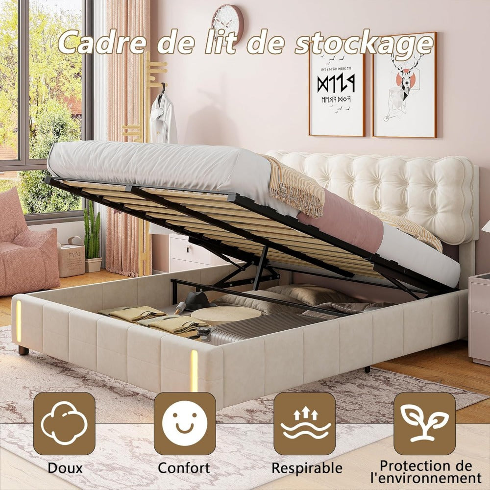 Hydraulisch Bed – Opbergbed – Boxspring – Bedframe – Velvet Bed – 160x200 cm – Luxe Opbergruimte – LED Slaaplamp