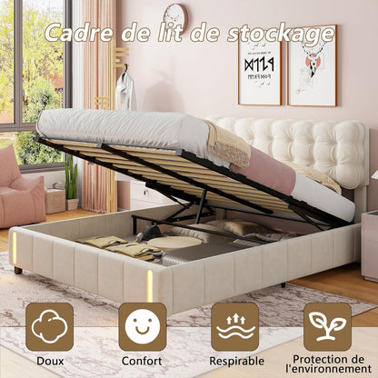 Opbergbed – Gestoffeerd Bed – Tweepersoonsbed – Slaapbank – Lades – Hydraulisch Systeem – 140x200 cm – Velvet Beige Met LED Verlichting
