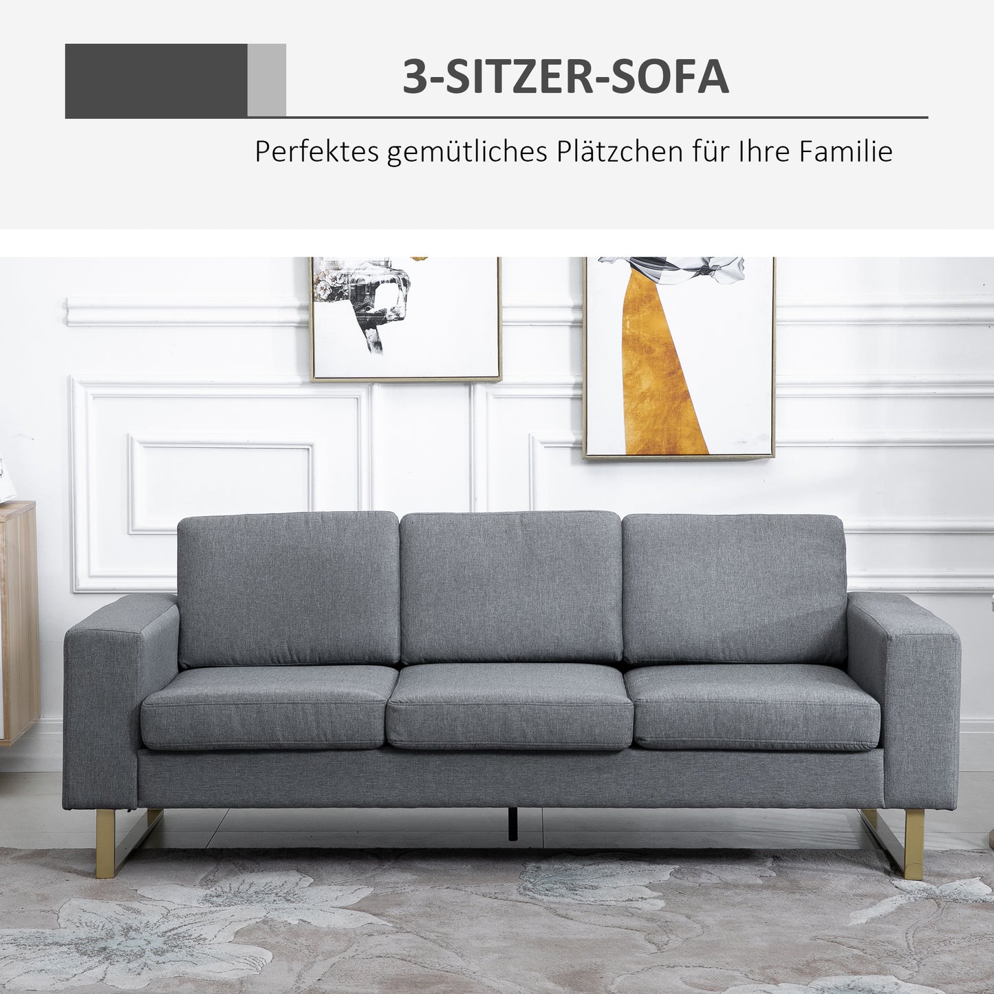3-zitsbank – sofa – zitbank – loveseat – tweezitsbank – donkergrijs – linnen-look stof – royaal formaat 200 x 82 x 78 cm