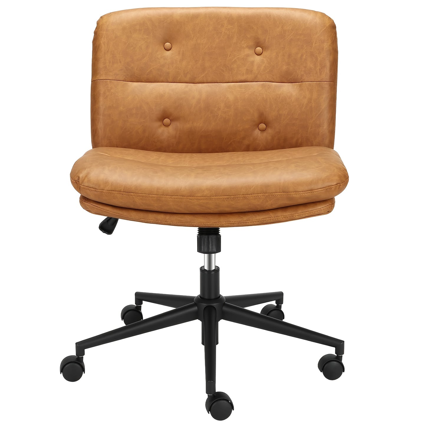 HAUSPROFI Adjustable Height Cross Legged Office Chair - Armless Swivel Desk Chair with 5-Wheel Base, Ergonomic Wide Seat & Solid Back Support, Brown - Portable Rolling Vanity Chair for Home Office, Dorm, Living Room, Dorm Roo