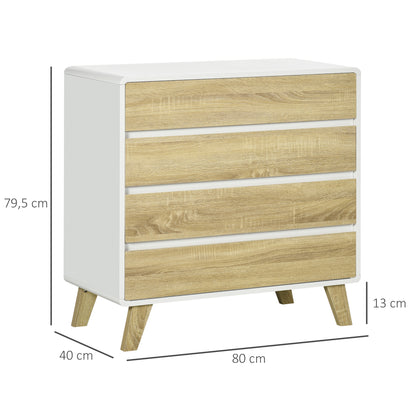 Opbergkast – Ladekast – Opbergrek – Kast – Möbel – Scandinavisch Design – 4 Lade – MDF Houtlook – 80x40x79,5 cm – Wit