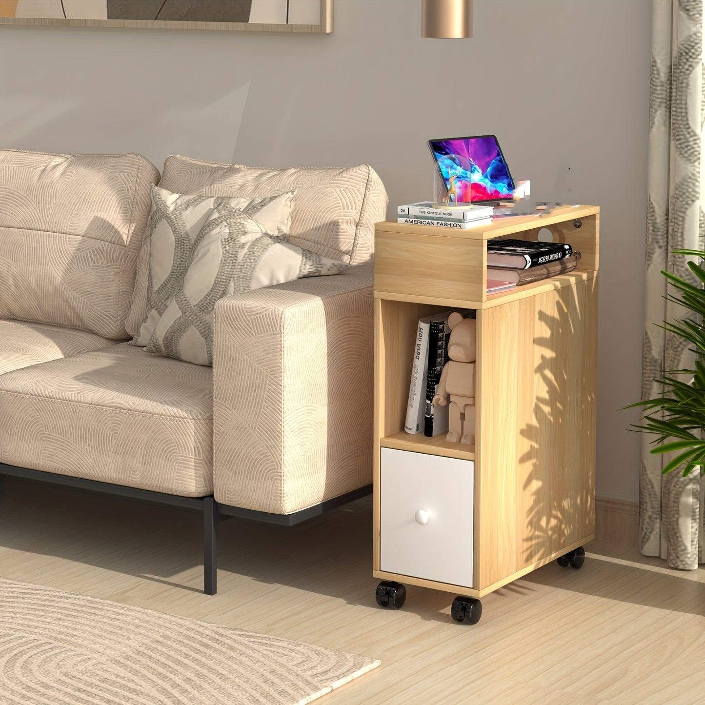 Mobiele Zijtafel – Rollende Bijzettafel – Nachtkastje – Smalle Tafel – Opbergtafel – Compact Design – MDF Hout – Vergrendelbare Wieltjes – 77x50x25 cm